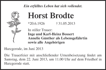 Traueranzeige von Horst Brodte von WVG - Wochenspiegel Quedlinburg