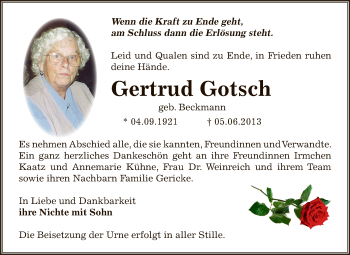 Traueranzeige von Gertrud Gotsch von WVG - Wochenspiegel Dessau / Köthen