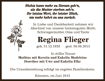 Traueranzeige von Regina Flieger von Super Sonntag Bernburg