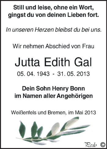 Traueranzeige von Jutta Edith Gal von WVG - Wochenspiegel NMB / WSF / ZTZ