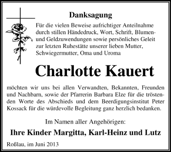Traueranzeige von Charlotte Kauert von Super Sonntag Dessau / Köthen