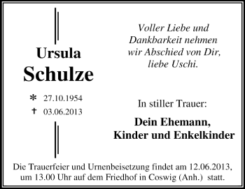 Traueranzeige von Ursula Schulze von Super Sonntag Dessau / Köthen