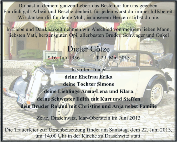 Traueranzeige von Dieter Götze von Super Sonntag Zeitz
