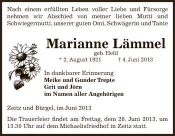 Traueranzeige von Marianne Lämmel von Super Sonntag Zeitz