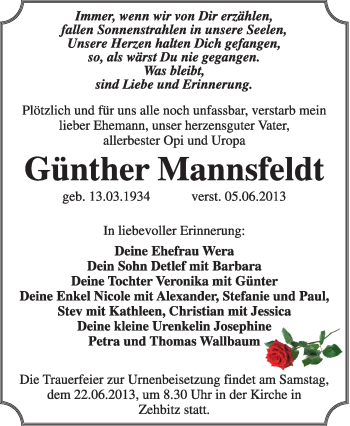 Traueranzeige von Günther Mannsfeldt von Super Sonntag Dessau / Köthen