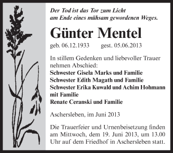 Traueranzeige von Günter Mentel von Super Sonntag Aschersleben