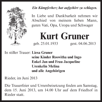 Traueranzeige von Kurt Gruner von Super Sonntag Aschersleben