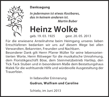 Traueranzeige von Heinz Wolke von WVG - Wochenspiegel Quedlinburg