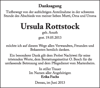 Traueranzeige von Ursula Rottstock von Super Sonntag Dessau / Köthen