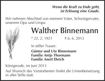 Traueranzeige von Walther Binnemann von WVG - Wochenspiegel Quedlinburg