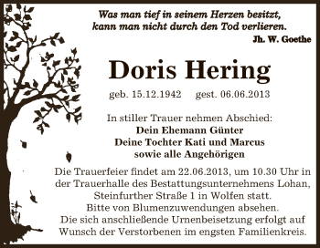 Traueranzeige von Doris Hering von WVG - Wochenspiegel Bitterfeld