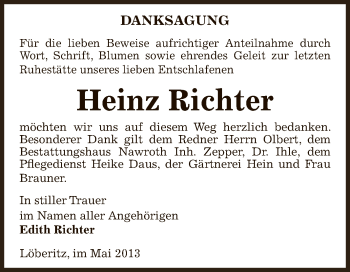 Traueranzeige von Heinz Richter von WVG - Wochenspiegel Bitterfeld