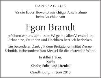 Traueranzeige von Egon Brandt von WVG - Wochenspiegel Quedlinburg