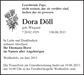 Traueranzeige von Dora Döll von WVG - Wochenspiegel NMB / WSF / ZTZ