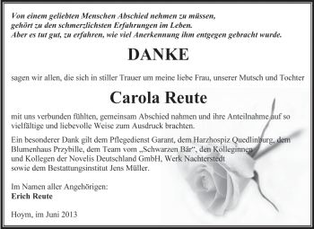 Traueranzeige von Carola Reute von WVG - Wochenspiegel Aschersleben
