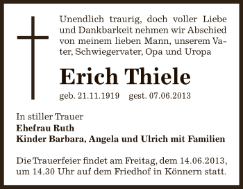 Traueranzeige von Erich Thiele von WVG - Wochenspiegel Bernburg
