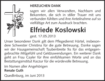 Traueranzeige von Elfriede Koslowski von WVG - Wochenspiegel Quedlinburg