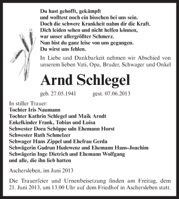 Traueranzeige von Arnd Schlegel von WVG - Wochenspiegel Aschersleben