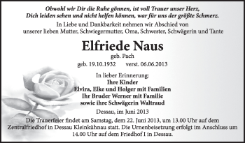 Traueranzeige von Elfriede Naus von Super Sonntag Dessau / Köthen