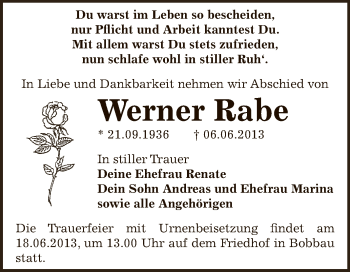 Traueranzeige von Werner Rabe von WVG - Wochenspiegel Bitterfeld
