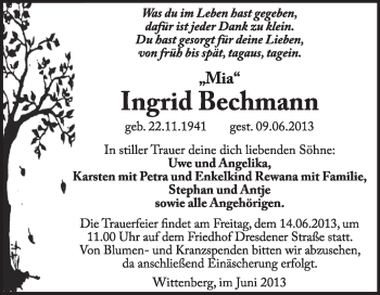 Traueranzeige von Ingrid Bechmann von Super Sonntag Wittenberg
