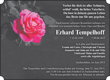 Traueranzeige von Erhard Tempelhoff von WVG - Wochenspiegel Aschersleben