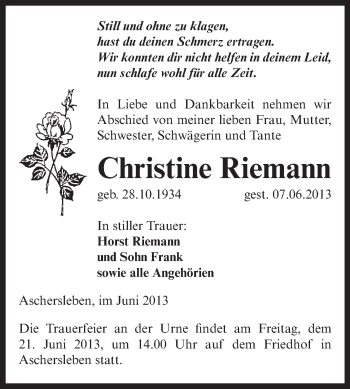 Traueranzeige von Christine Riemann von WVG - Wochenspiegel Aschersleben