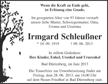 Traueranzeige von Irmgard Schleußner von Super Sonntag Merseburg