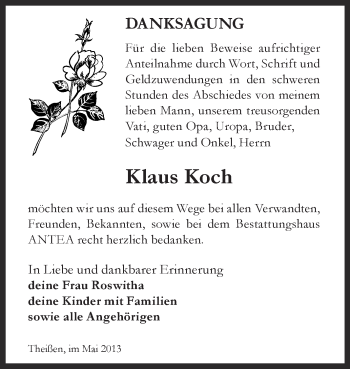 Traueranzeige von Klaus Koch von Super Sonntag Zeitz