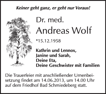 Traueranzeige von Andreas Wolf von WVG - Wochenspiegel Wittenberg