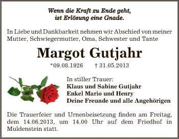 Traueranzeige von Margot Gutjahr von WVG - Wochenspiegel Bitterfeld