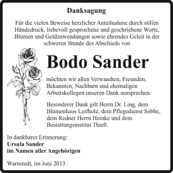 Traueranzeige von Bodo Sander von Super Sonntag Quedlinburg