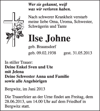 Traueranzeige von Ilse Johne von WVG - Wochenspiegel Wittenberg