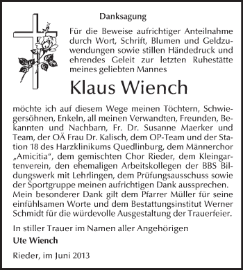 Traueranzeige von Klaus Wiench von WVG - Wochenspiegel Quedlinburg
