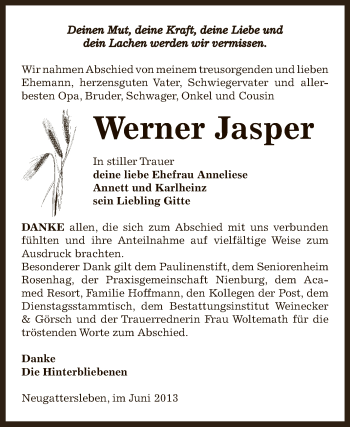 Traueranzeige von Werner Jasper von Super Sonntag Bernburg