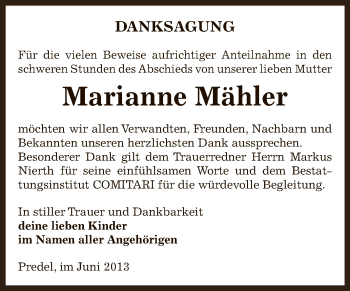 Traueranzeige von Marianne Mähler von Super Sonntag Zeitz