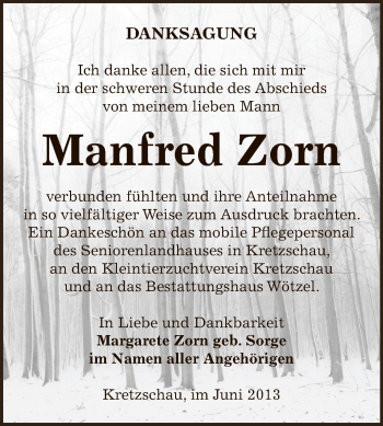 Traueranzeige von Manfred Zorn von Super Sonntag Zeitz