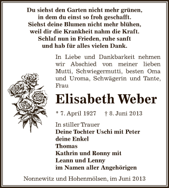 Traueranzeige von Elisabeth Weber von Super Sonntag Zeitz
