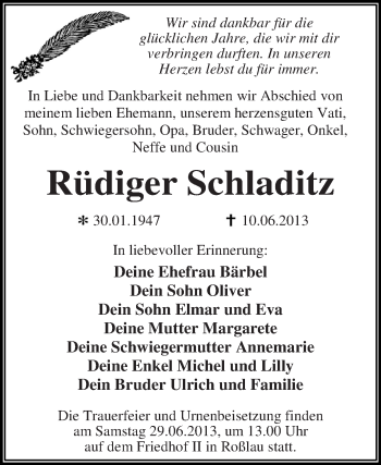 Traueranzeige von Rüdiger Schladitz von WVG - Wochenspiegel Dessau / Köthen