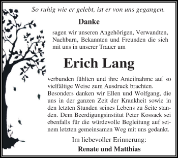 Traueranzeige von Erich Lang von WVG - Wochenspiegel Dessau / Köthen