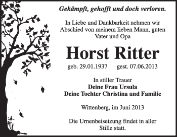 Traueranzeige von Horst Ritter von WVG - Wochenspiegel Wittenberg