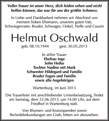 Traueranzeige von Helmut Oschwald von WVG - Wochenspiegel Wittenberg