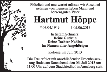 Traueranzeige von Hartmut Höppe von WVG - Wochenspiegel Wittenberg