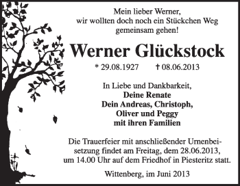 Traueranzeige von Werner Glückstock von Super Sonntag Wittenberg