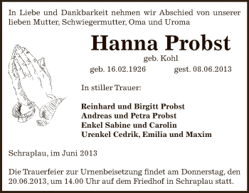 Traueranzeige von Hanna Probst von Super Sonntag SGH Mansf. Land