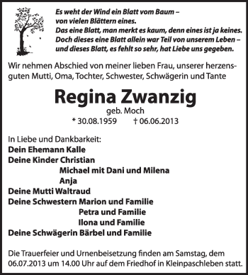 Traueranzeige von Regina Zwanzig von Super Sonntag Dessau / Köthen