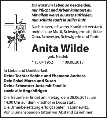 Traueranzeige von Anita Wilde von Super Sonntag Dessau / Köthen