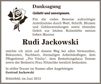 Traueranzeige von Rudi Jackowski von WVG - Wochenspiegel Bitterfeld
