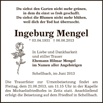 Traueranzeige von Ingeburg Mengel von Super Sonntag Zeitz