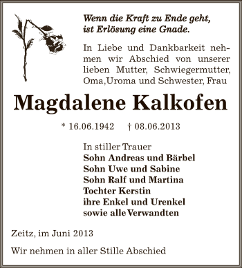 Traueranzeige von Magdalene Kalkofen von Super Sonntag Zeitz